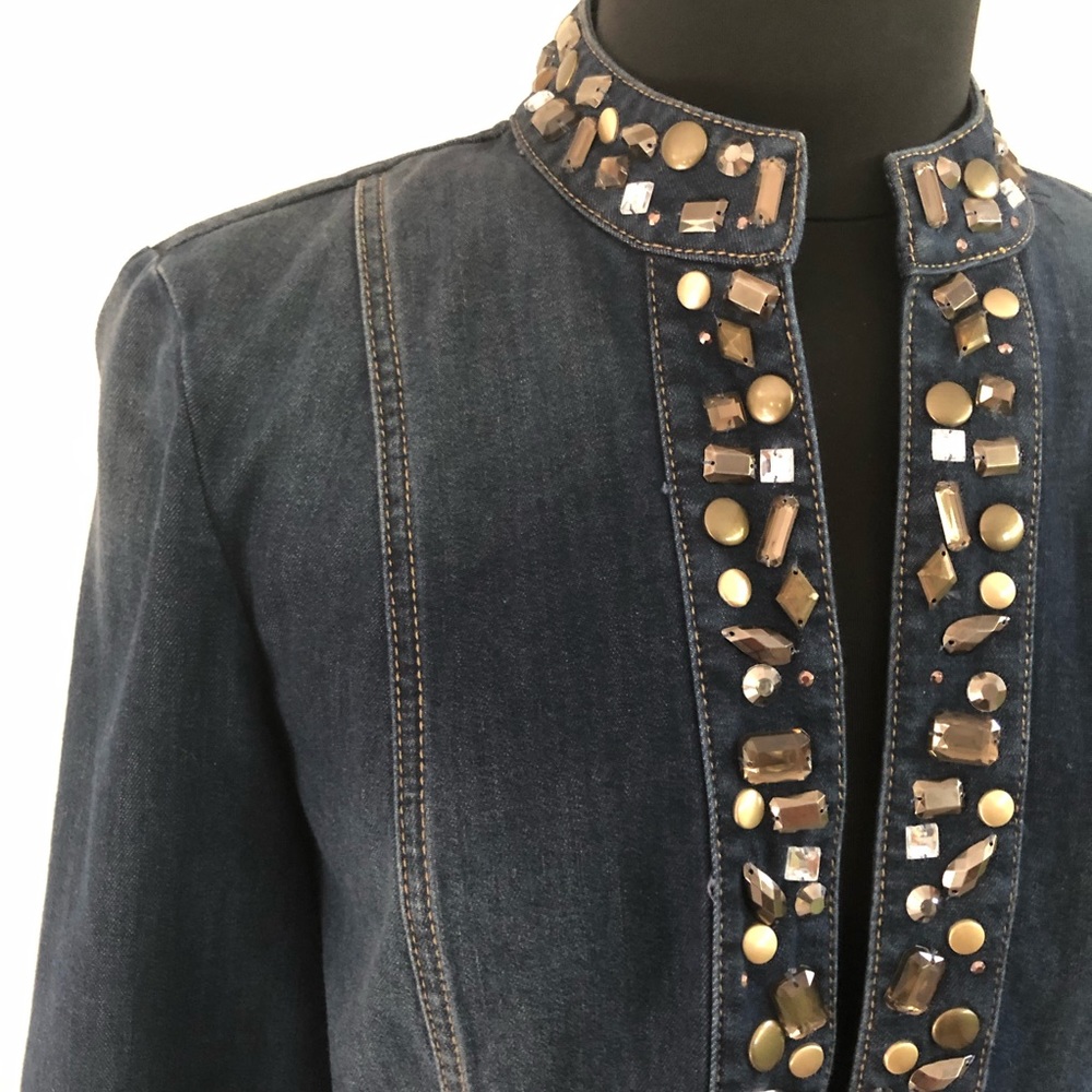 Chico’s Platinum Denim Jacket Embellished Size 1